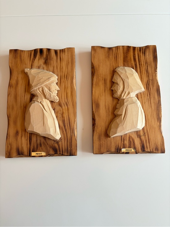 Audet Other - Signed R Audet Quebec Folk Art Wood Carving Pair MCM Rustic Wall Plaque Love